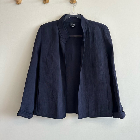 Eileen Fisher Navy Open Front Collared Blazer Cardigan Crepe Silk Size Small - Picture 3 of 8